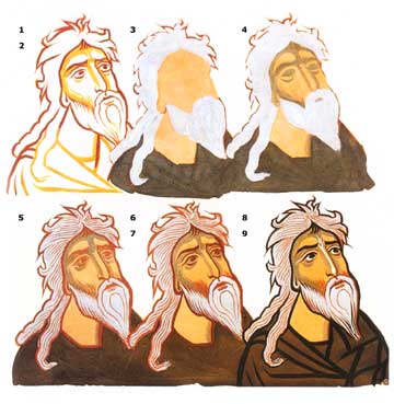 Succession of steps (1–9) in the painting of faces of the 11th century fresco of Ateni Sion