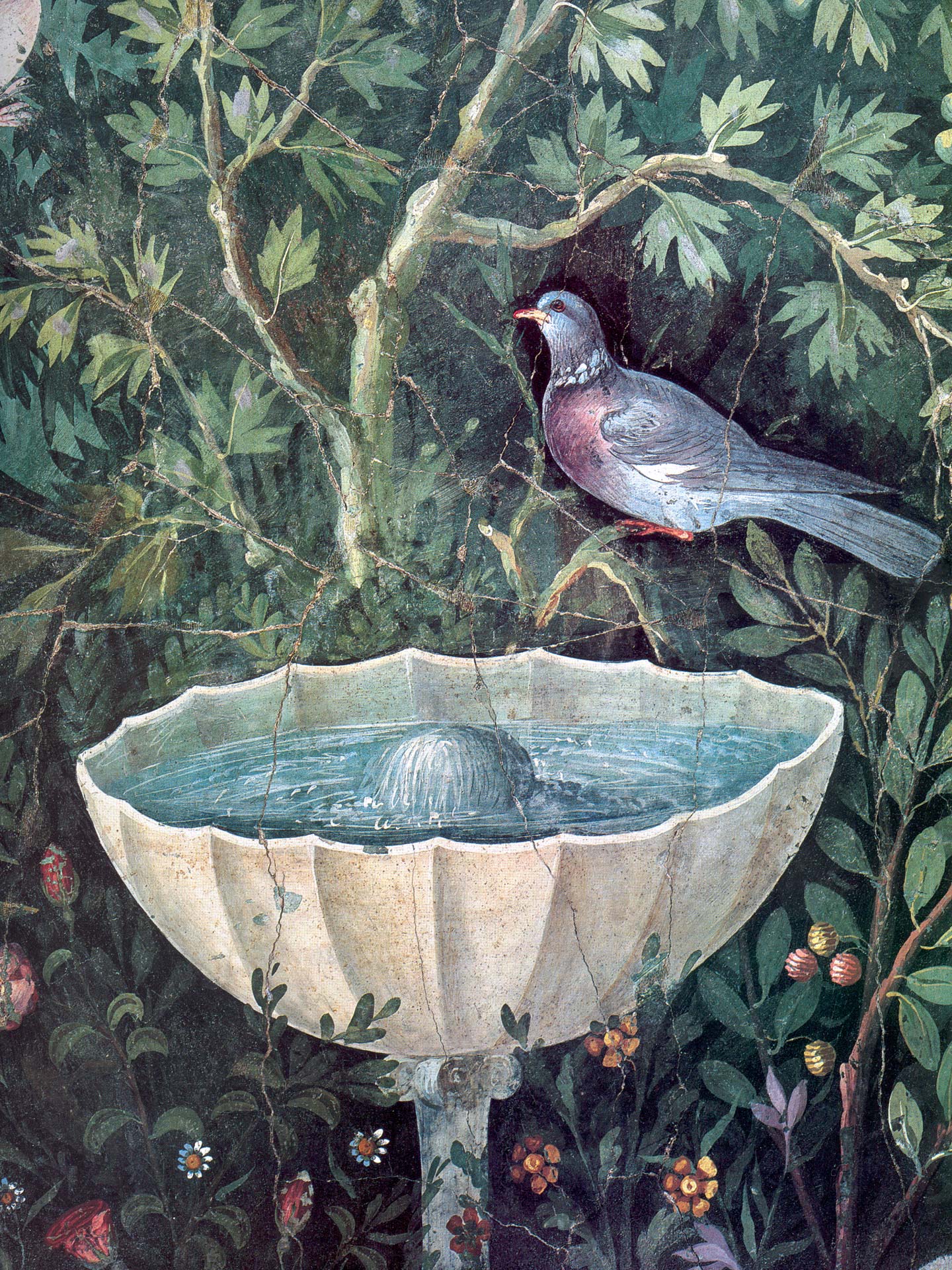 Fountain and bird from fresco of the triclinium of the House of the Golden Bracelet, Pompeii, Italy