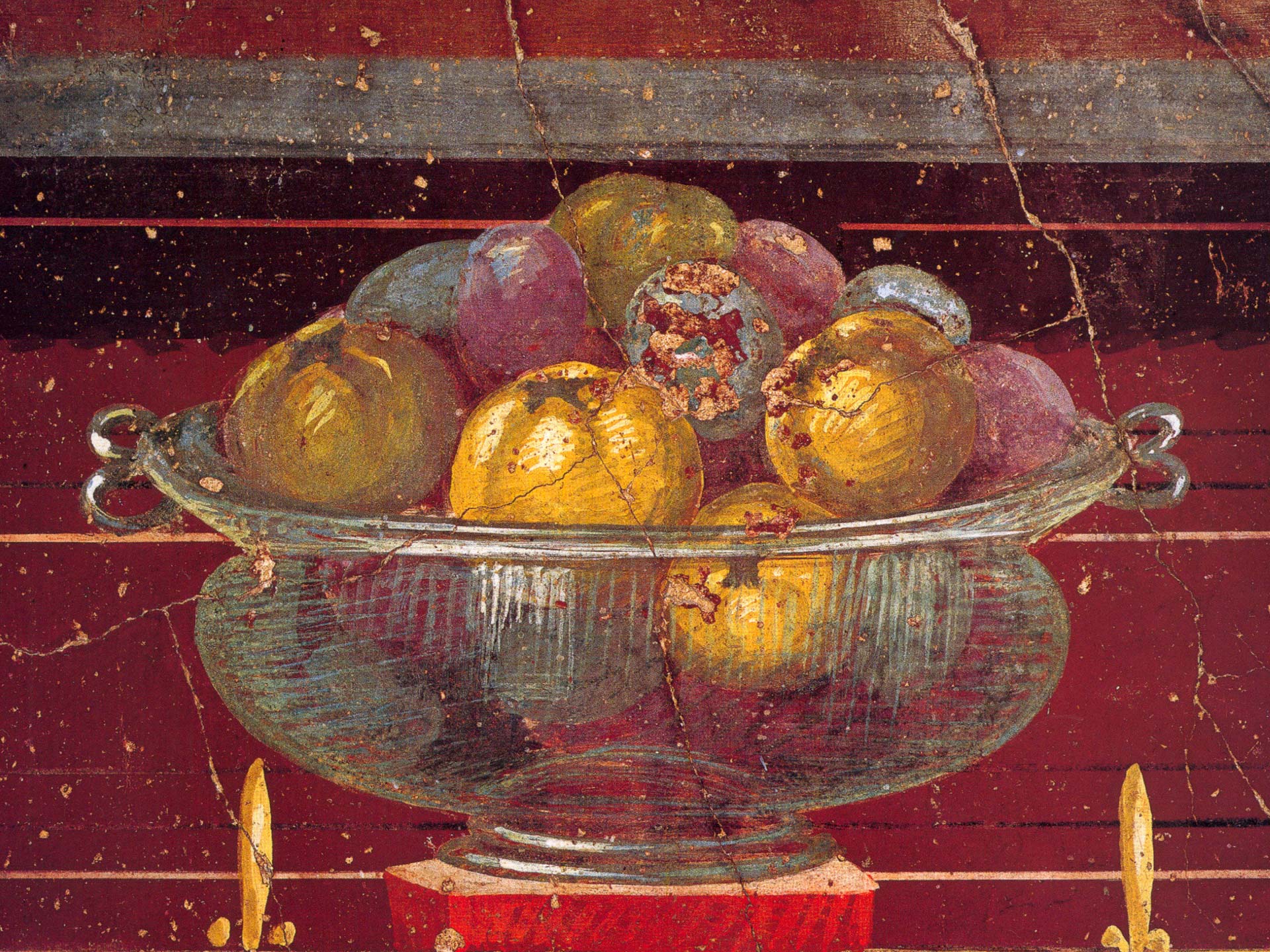 Glass vase filled with fruit (detail) of fresco in a room of Poppaea's Villa at Oplontis