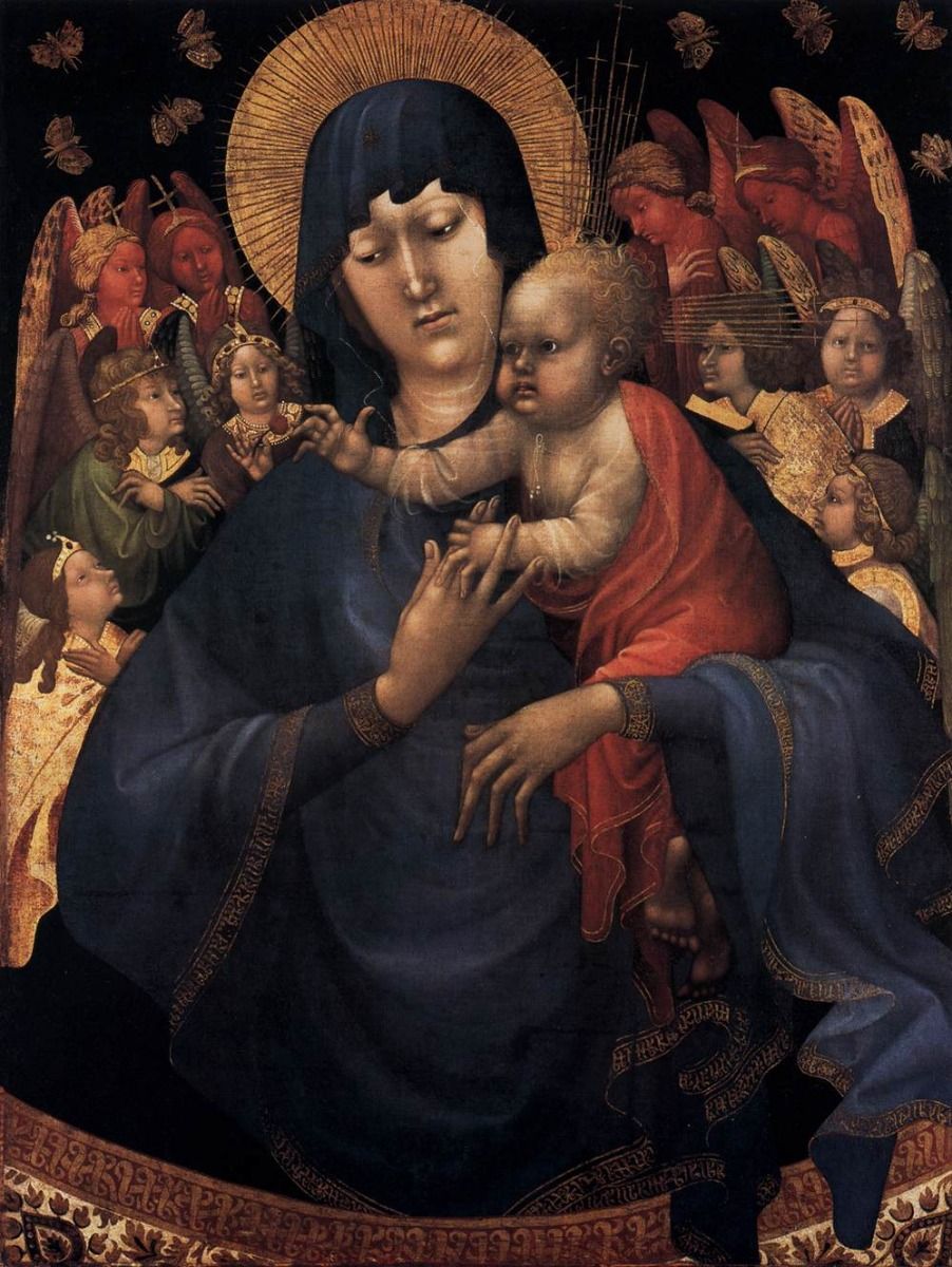 Jean Malouel  (circa 1370 –1415), Madonna and Child, angels and butterflies, 1410, oil on canvas, 107 cm  x 81 cm (42.1 in x 31.8 in), Gemäldegalerie