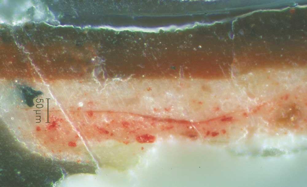 Paint cross-section of the bottom edge of St Catherine